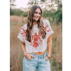 F21 Embroidered White and Red Top